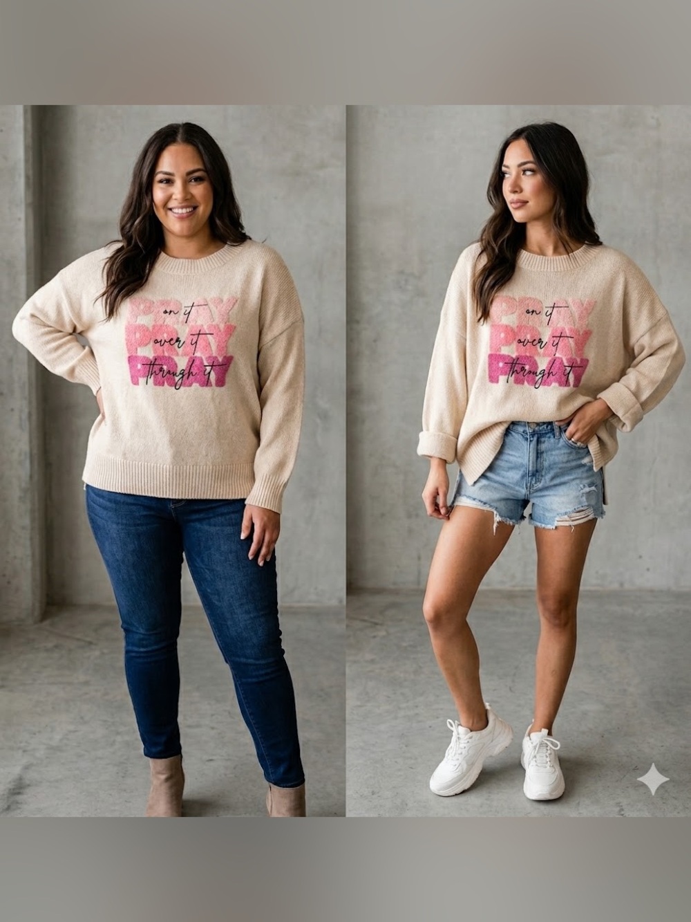 Pray on It Cozy Embellished Sweater, women’s size 2XL, Beige and Pink Oversized - Picture 1 of 11